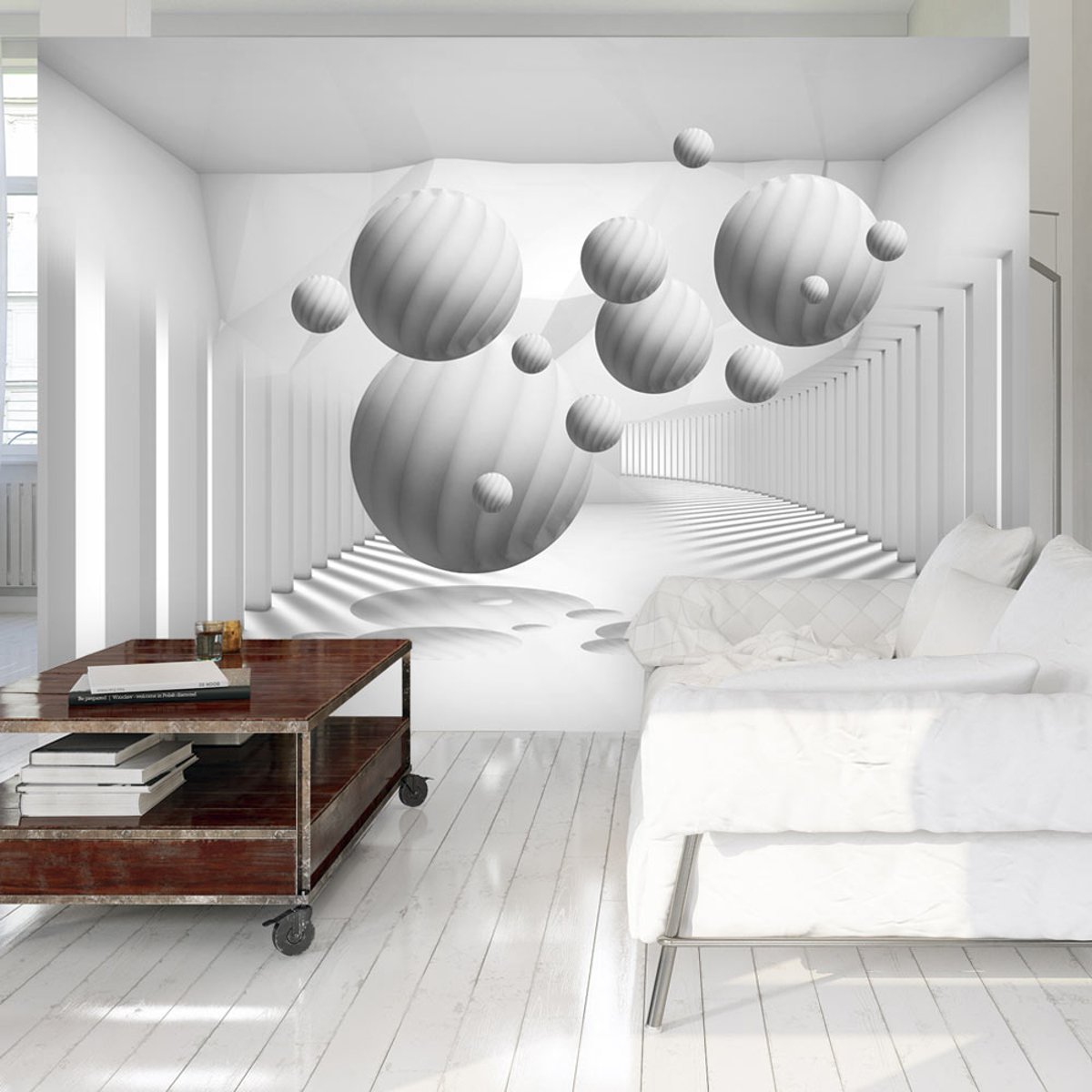 Papier peint intissé panoramique 3D et Perspective Balls in White gris / argent, EDEN