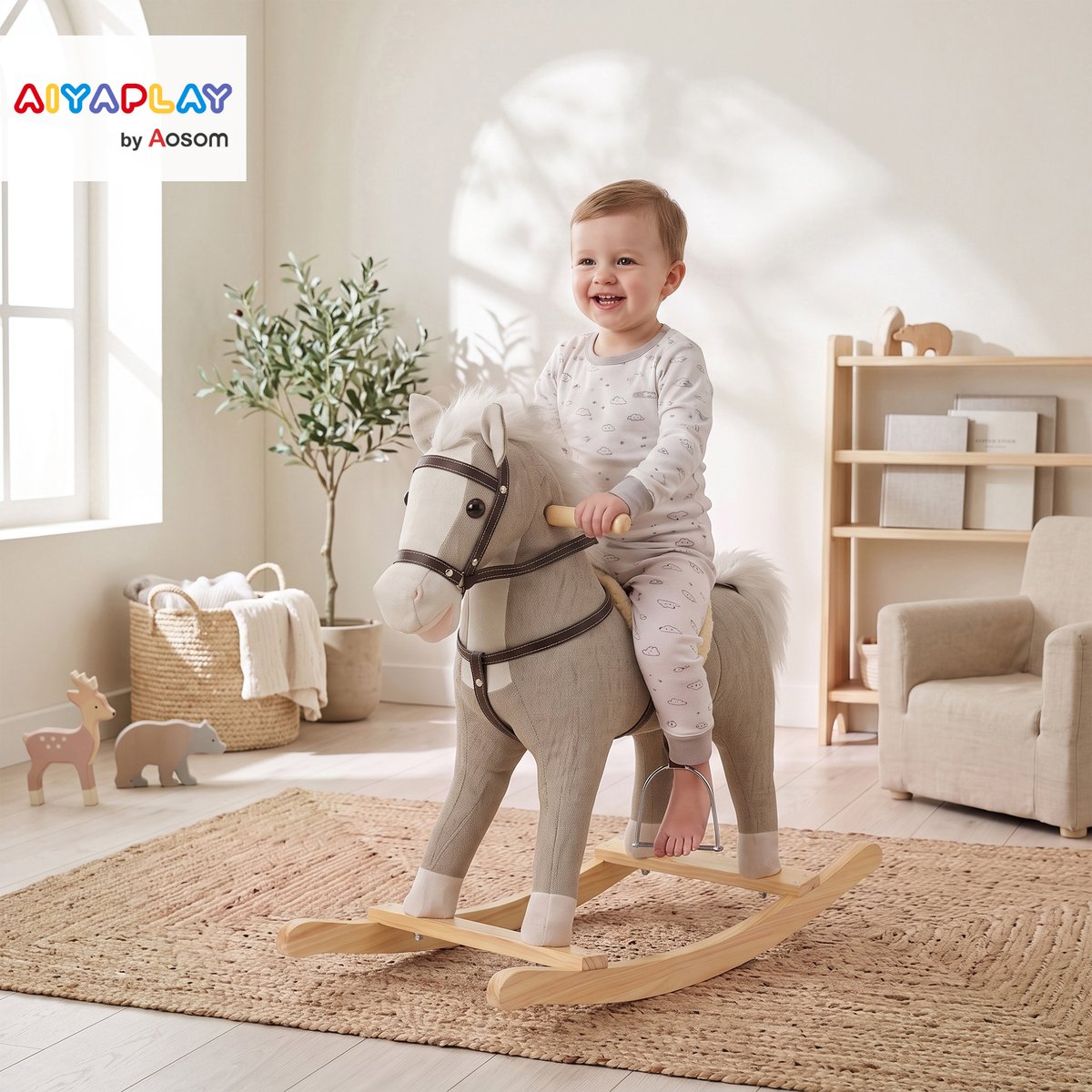 Cheval à bascule pour enfants Tissu aspect gris, AIYAPLAY