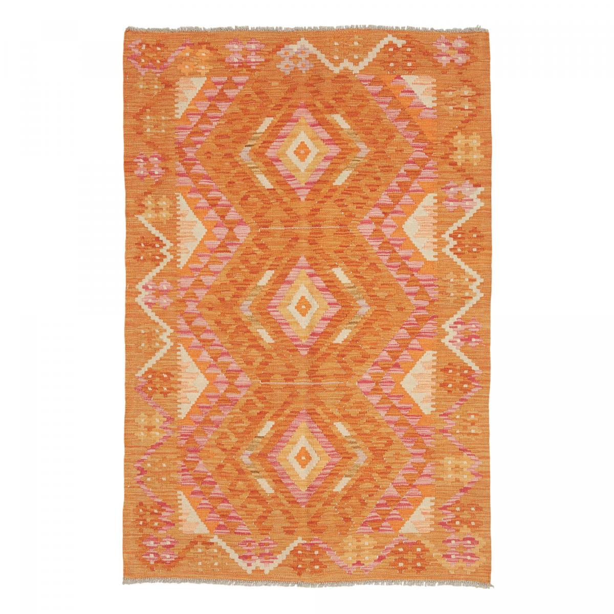 Tapis d'orient, motif ethnique, artisanal en laine naturelle orange, crème, rose, UN AMOUR DE TAPIS