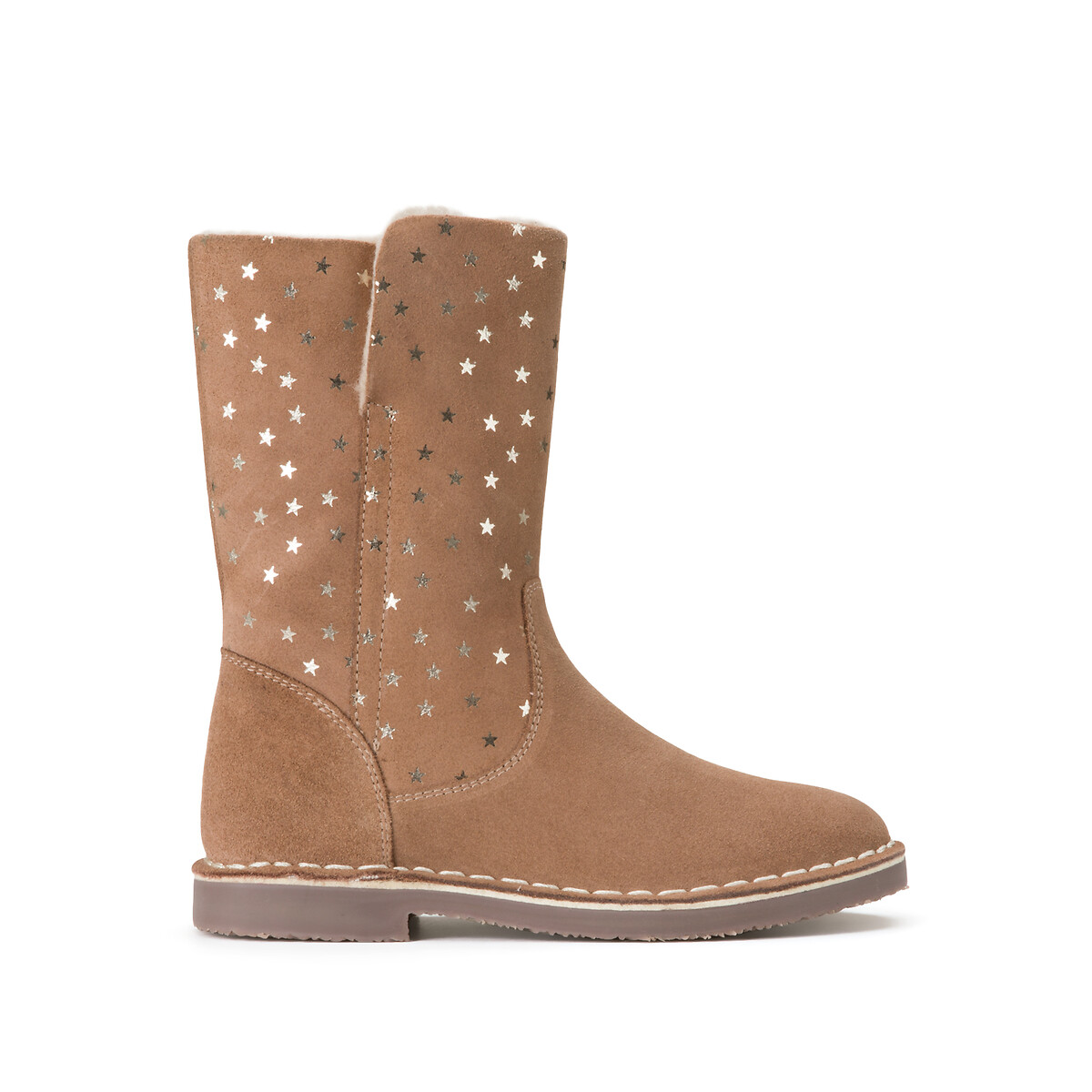 Kids Suede Calf Boots in Star Print with Zip Fastening camel, LA REDOUTE COLLECTIONS