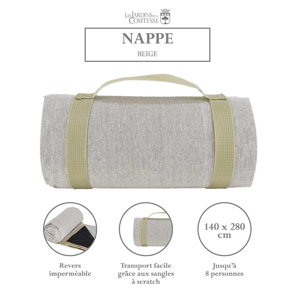 Nappe pique-nique à revers imperméable beige, LES JARDINS DE LA COMTESSE