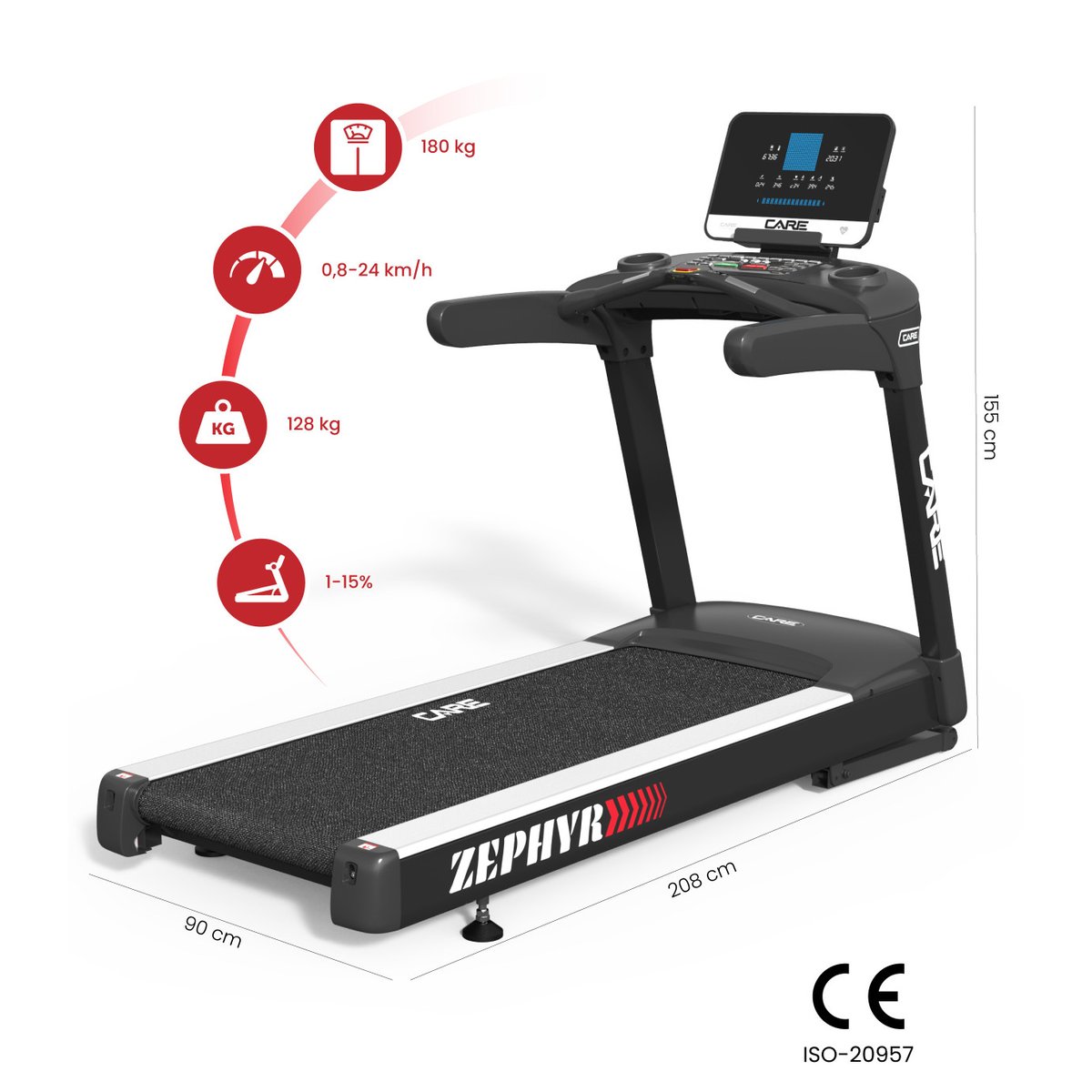 Tapis de course professionnel - 24km/h - CARE - ZEPHYR noir, CARE FITNESS