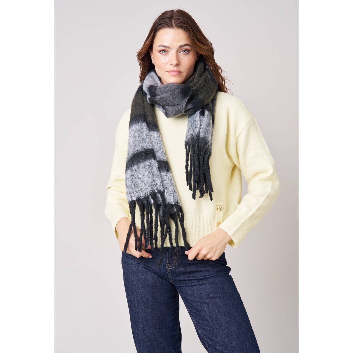 Écharpe femme rayée à franges REYA anthracite, DEELUXE