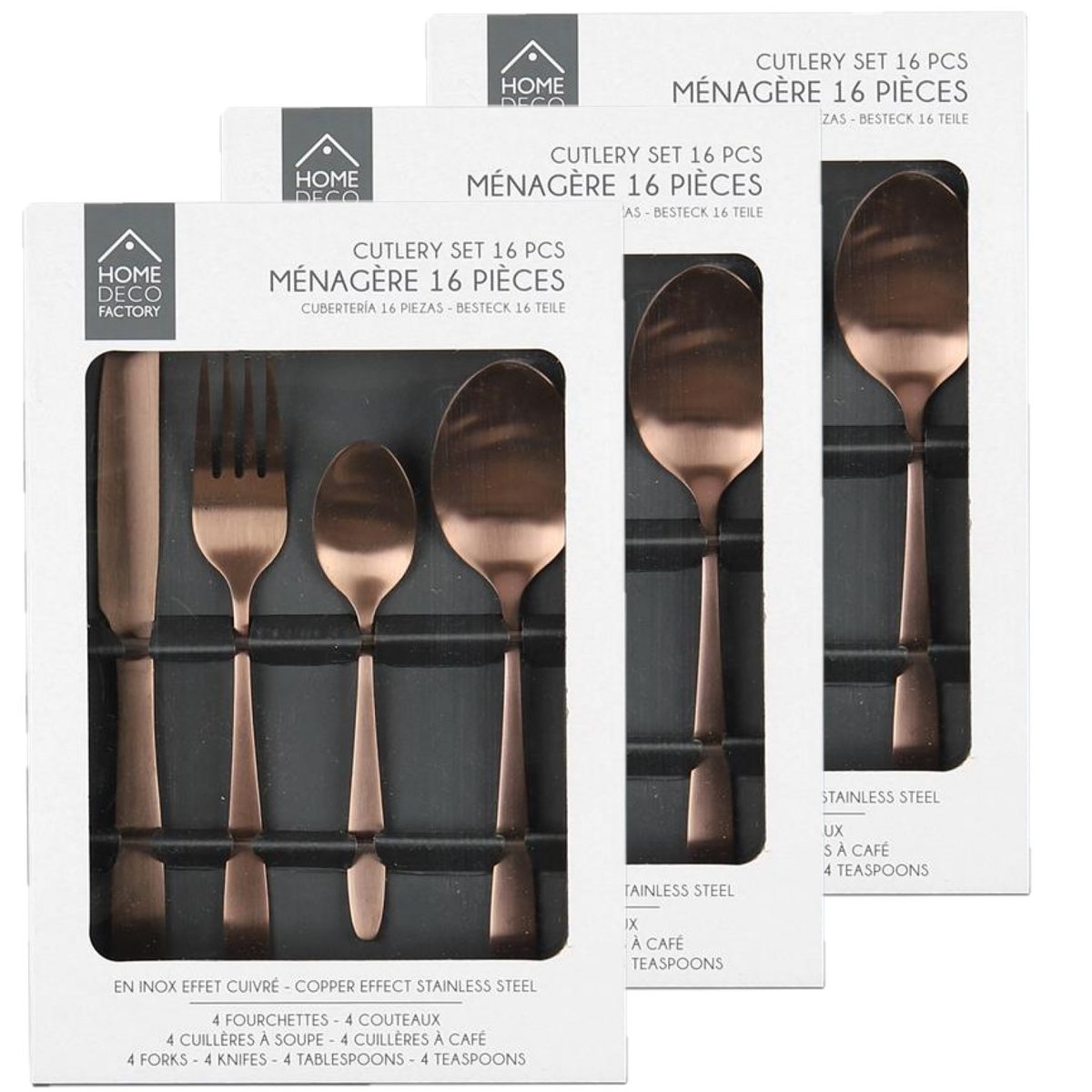 Lot de 3 ménagères en acier inoxydable 16 pièces CUIVREE marron, TOILINUX