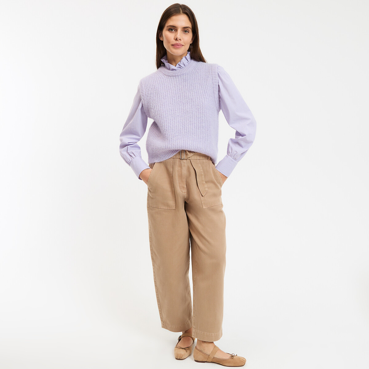 Pantalon large coupe barrel avec ceinture beige camel, LA REDOUTE COLLECTIONS