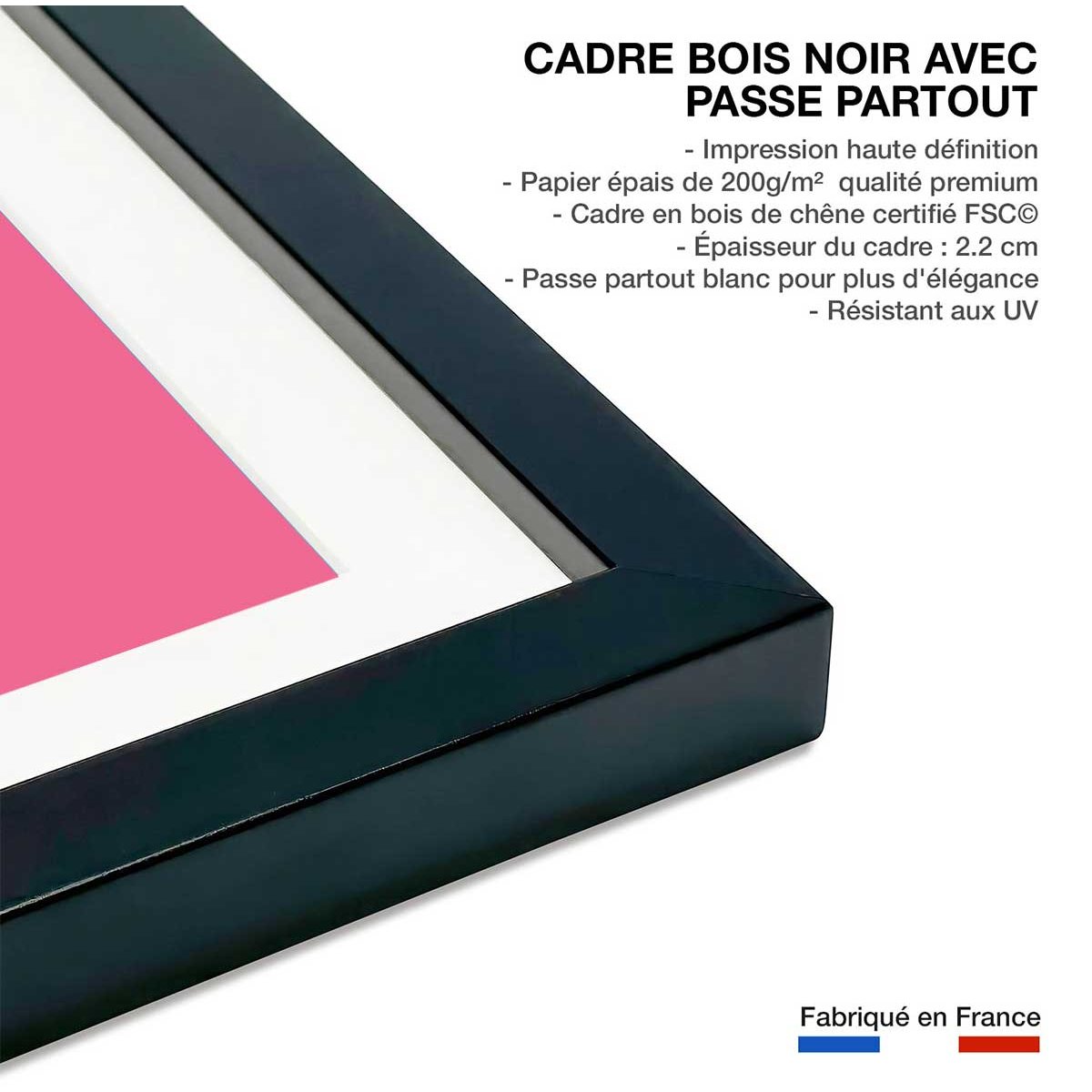 Affiche licorne rose affiche + cadre en bois - noir, HEXOA