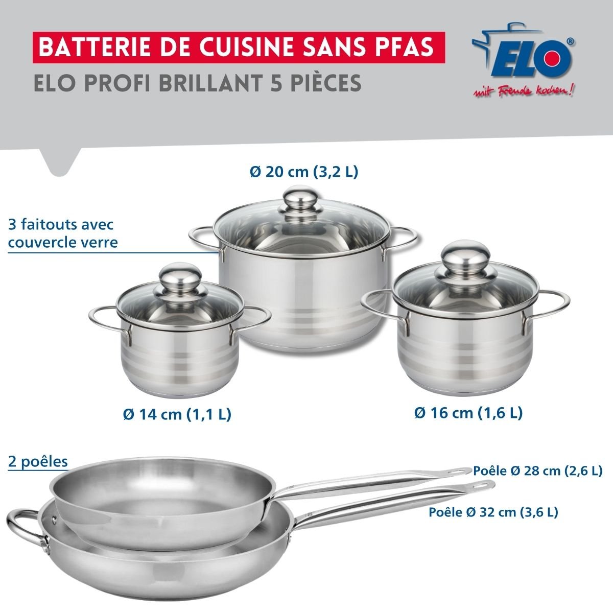 Batterie 2 poêles 28/32cm + 3 faitouts 14/16/20cm PROFI BRILLANT inox, ELO
