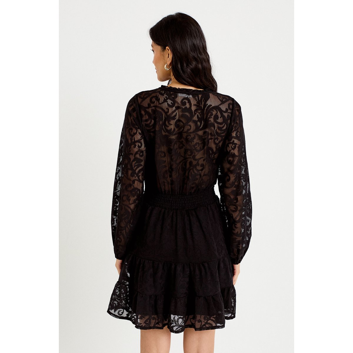 Robe courte évasée en dentelle col v noir, CACHE CACHE