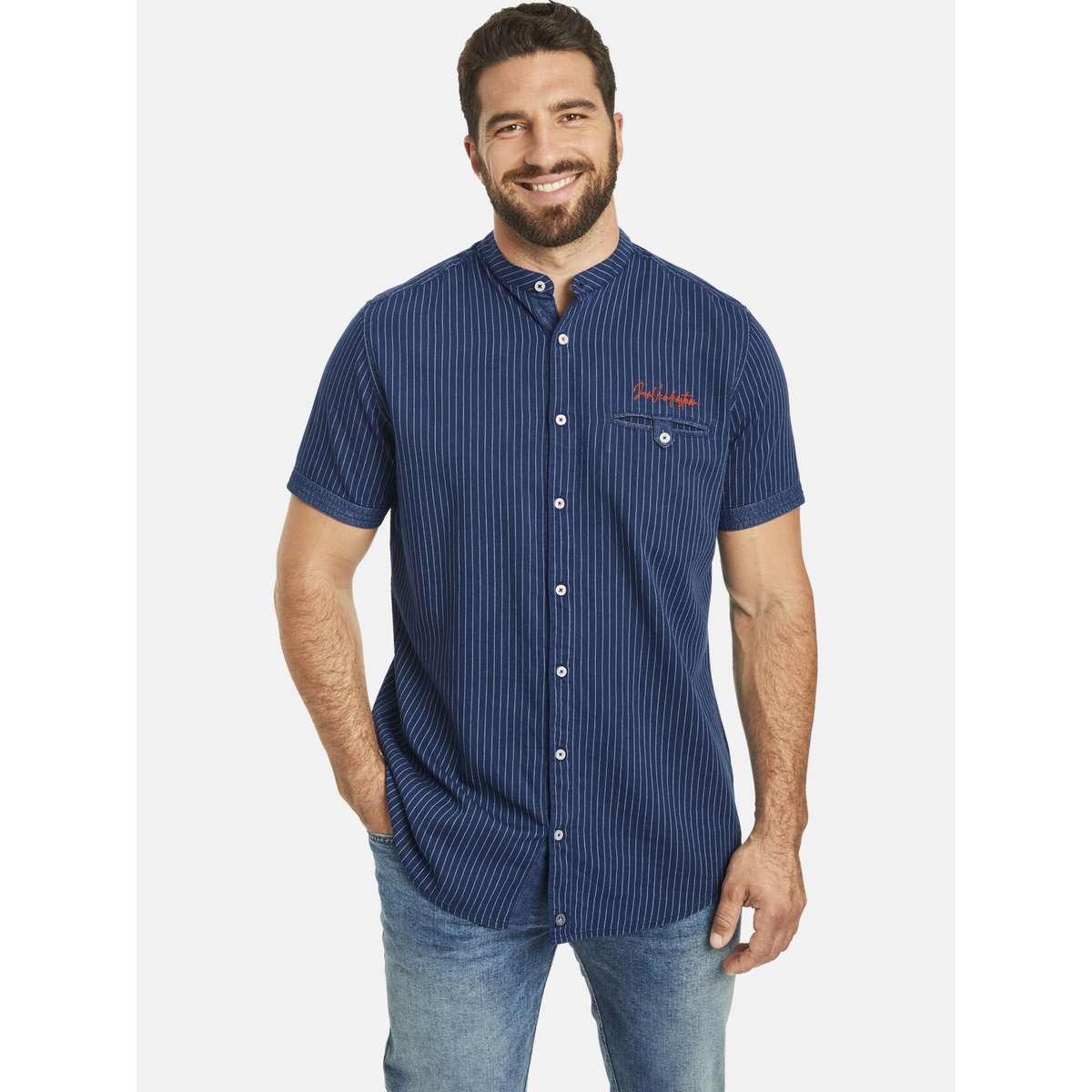 Chemise à manches courtes NALLE bleu foncé rayé, JAN VANDERSTORM
