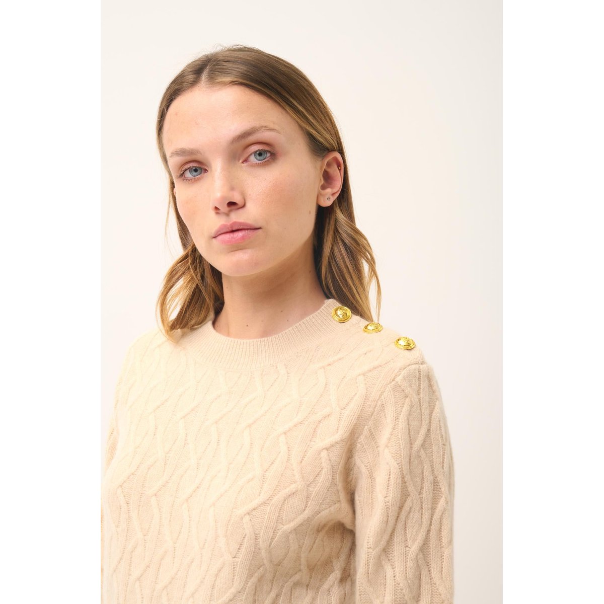 Pull Col Rond Marin 4 Fils Sable Lynd beige, JUST CASHMERE