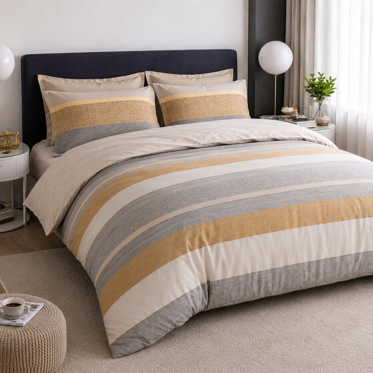 Parure de lit en percale de coton imprimé rayures gris beige, Orly multicolore, C DESIGN HOME TEXTILE