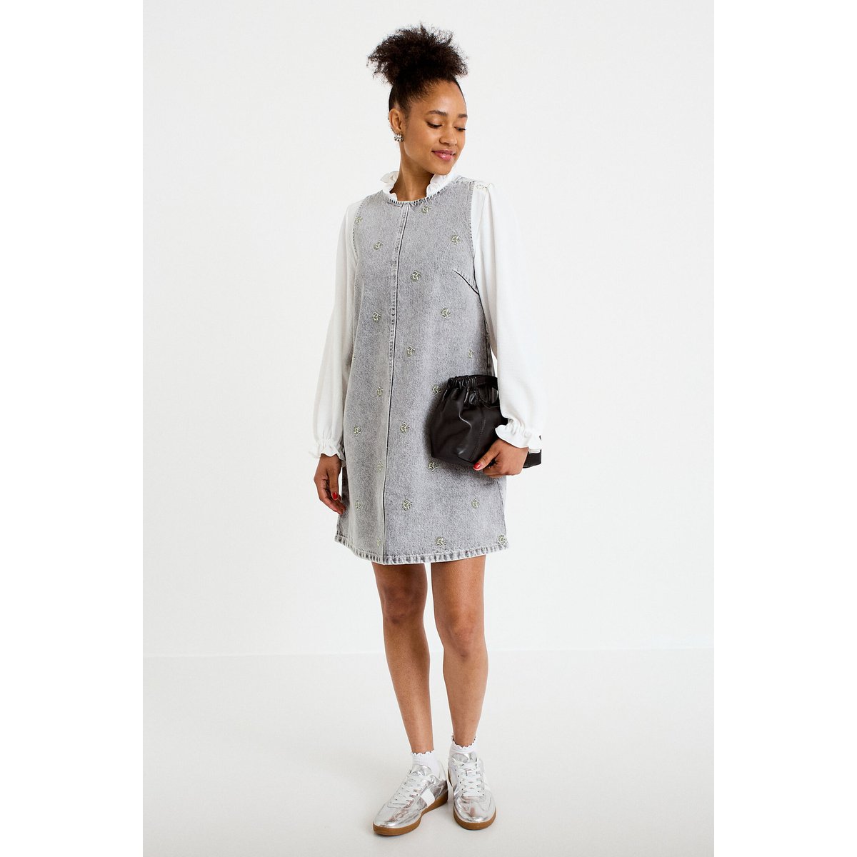 Robe courte évasée en jean sans manches denim gris, CACHE CACHE