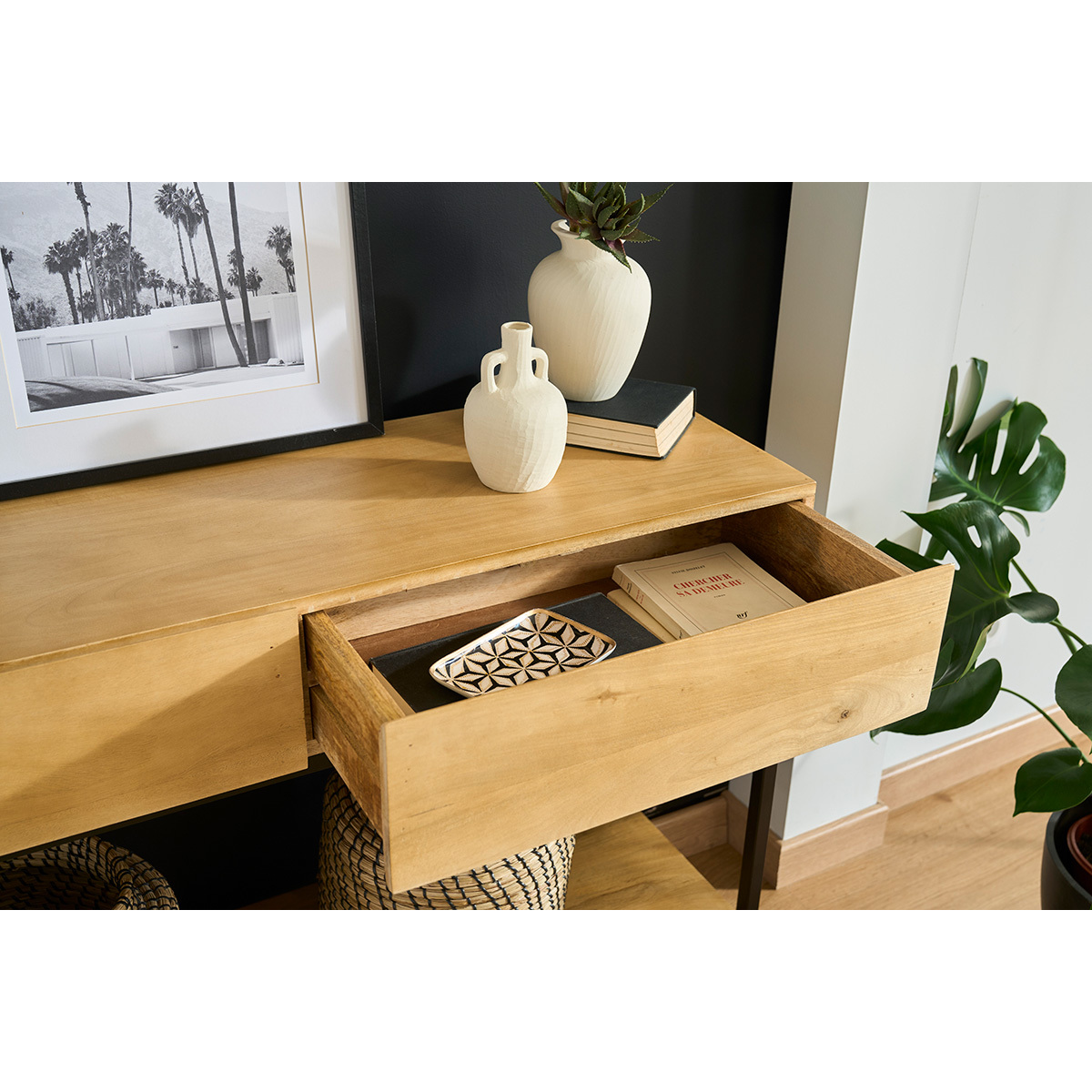 Console industrielle avec rangements 2 tiroirs en bois manguier massif et métal noir L110 cm YPSTER bois clair / noir, MILIBOO