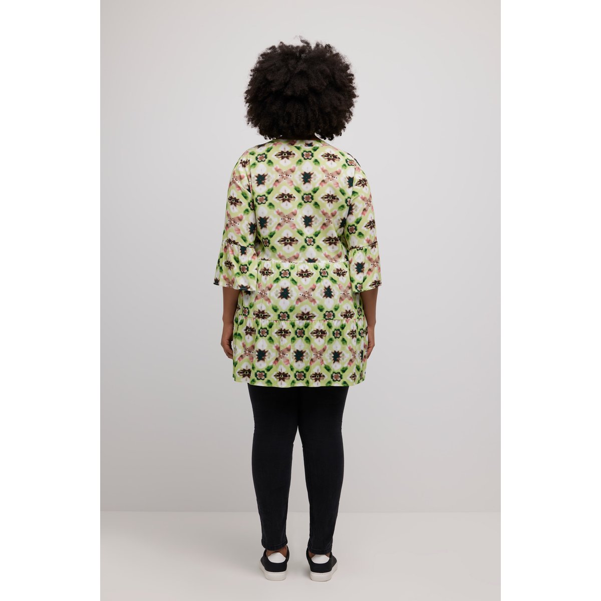 Robe midi, volants, ligne en A, col tunisien vert citron, ULLA POPKEN