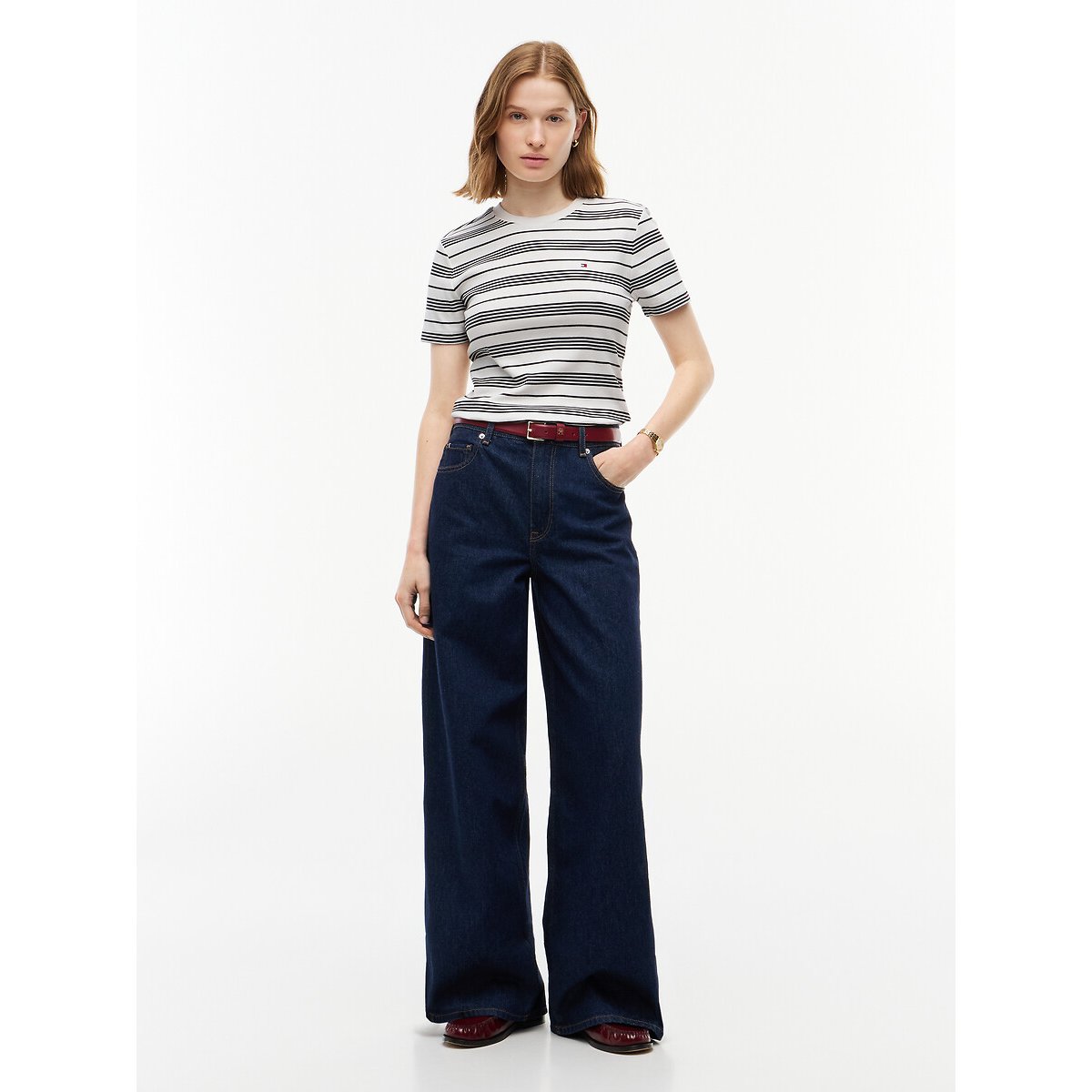T-shirt col rond manches courtes rayé écru/noir, TOMMY HILFIGER