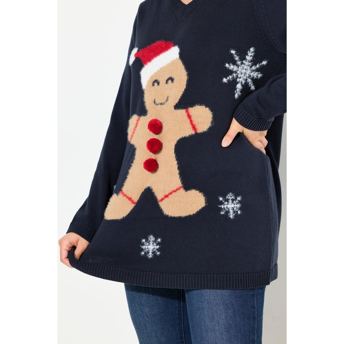 Pull de Noël à col en V et manches longues marine, ULLA POPKEN