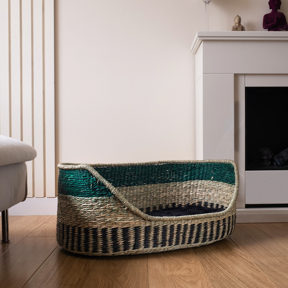 Green Trim Seagrass Pet Bed with Cushion Small natural/green, SO'HOME
