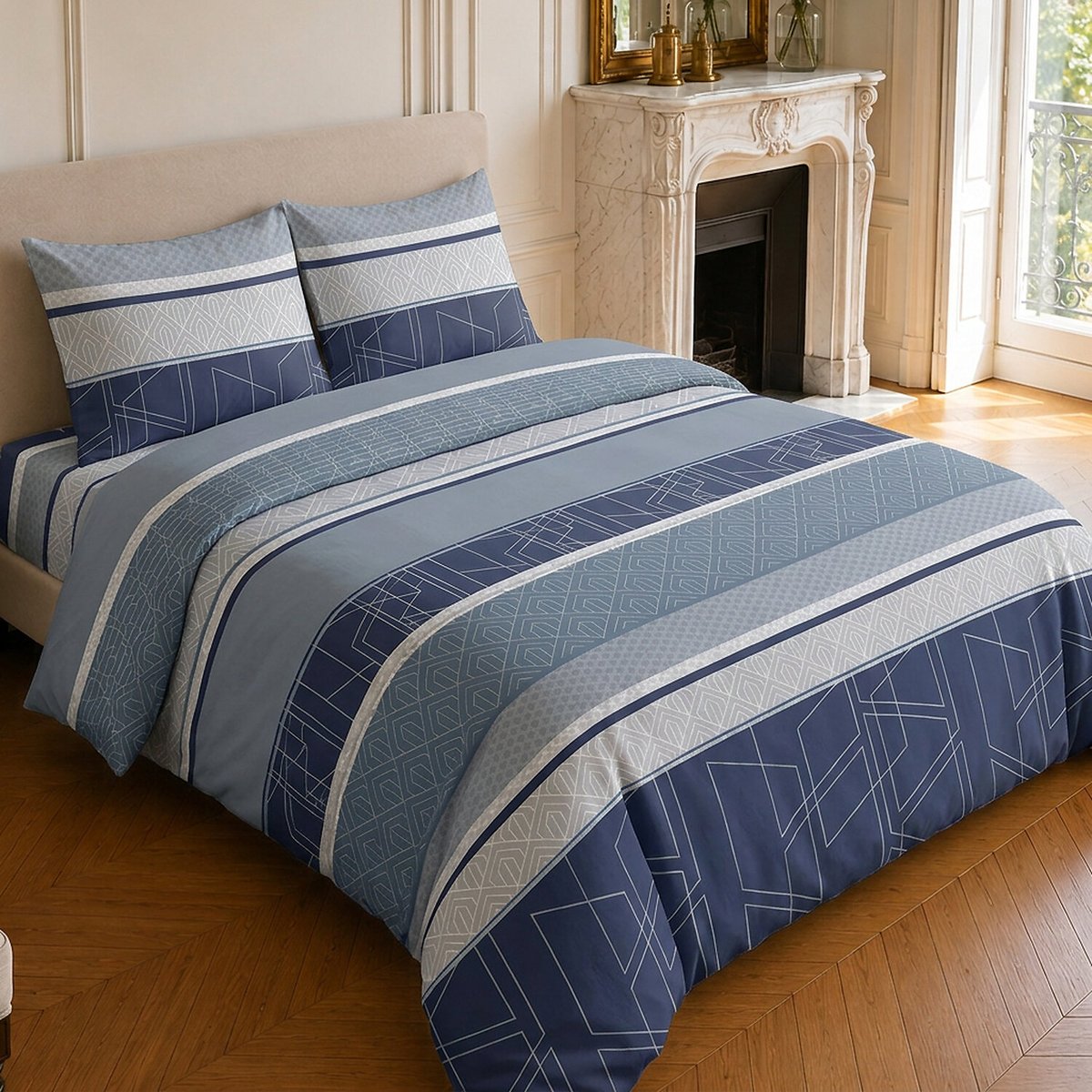 Parure de lit en coton motif géométrique, ULYSSE bleu marine, C DESIGN HOME TEXTILE