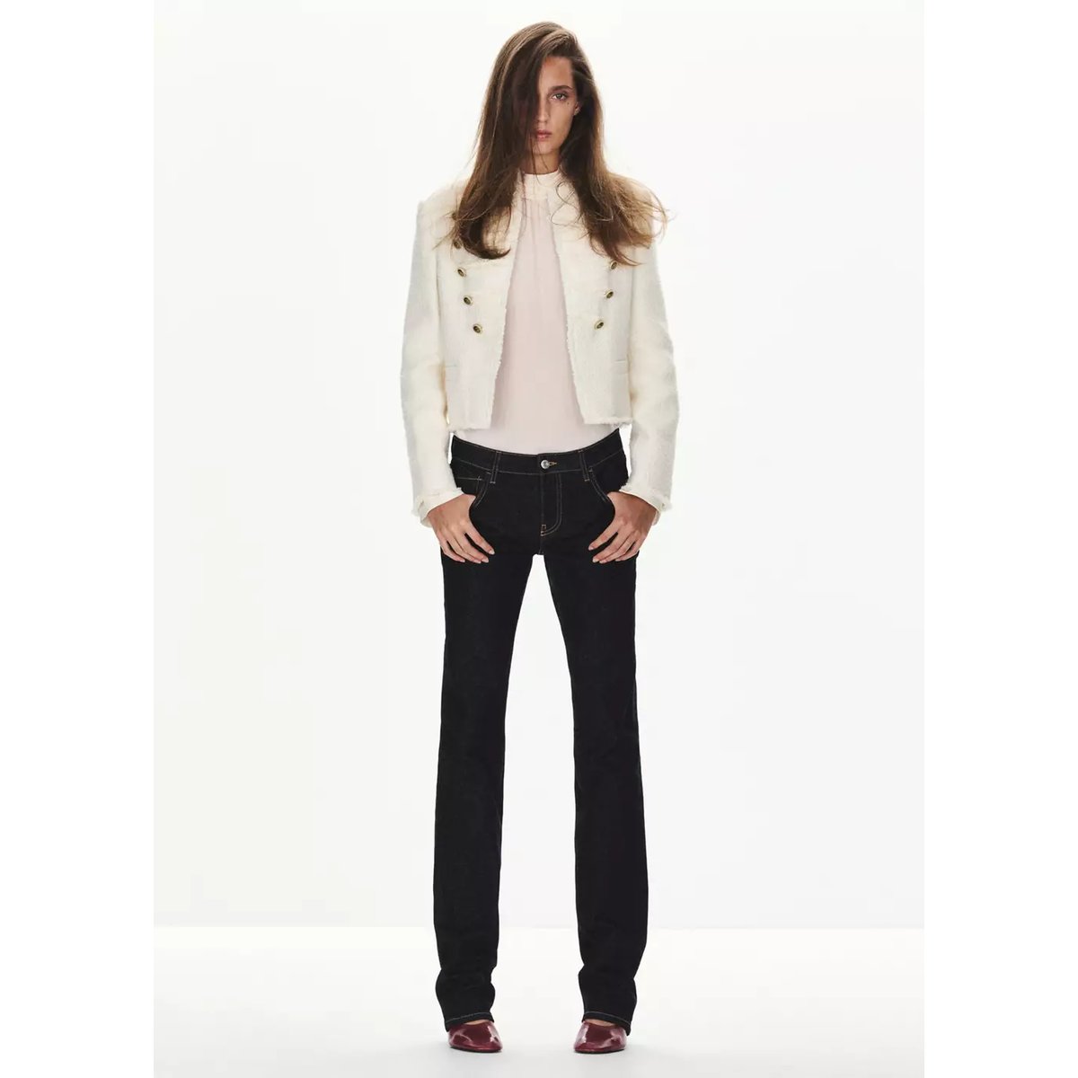 Veste en tweed avec brandebourgs décoratifs blanc cassé, MANGO