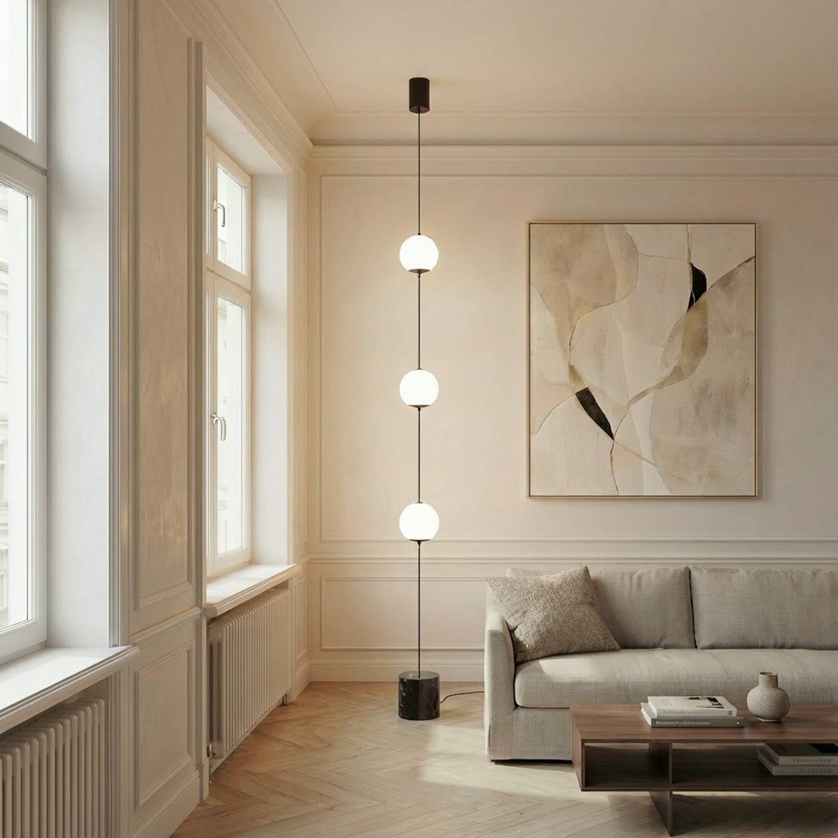 Lampadaire en verre moderneLED, Darrow noir, blanc, LUCANDE