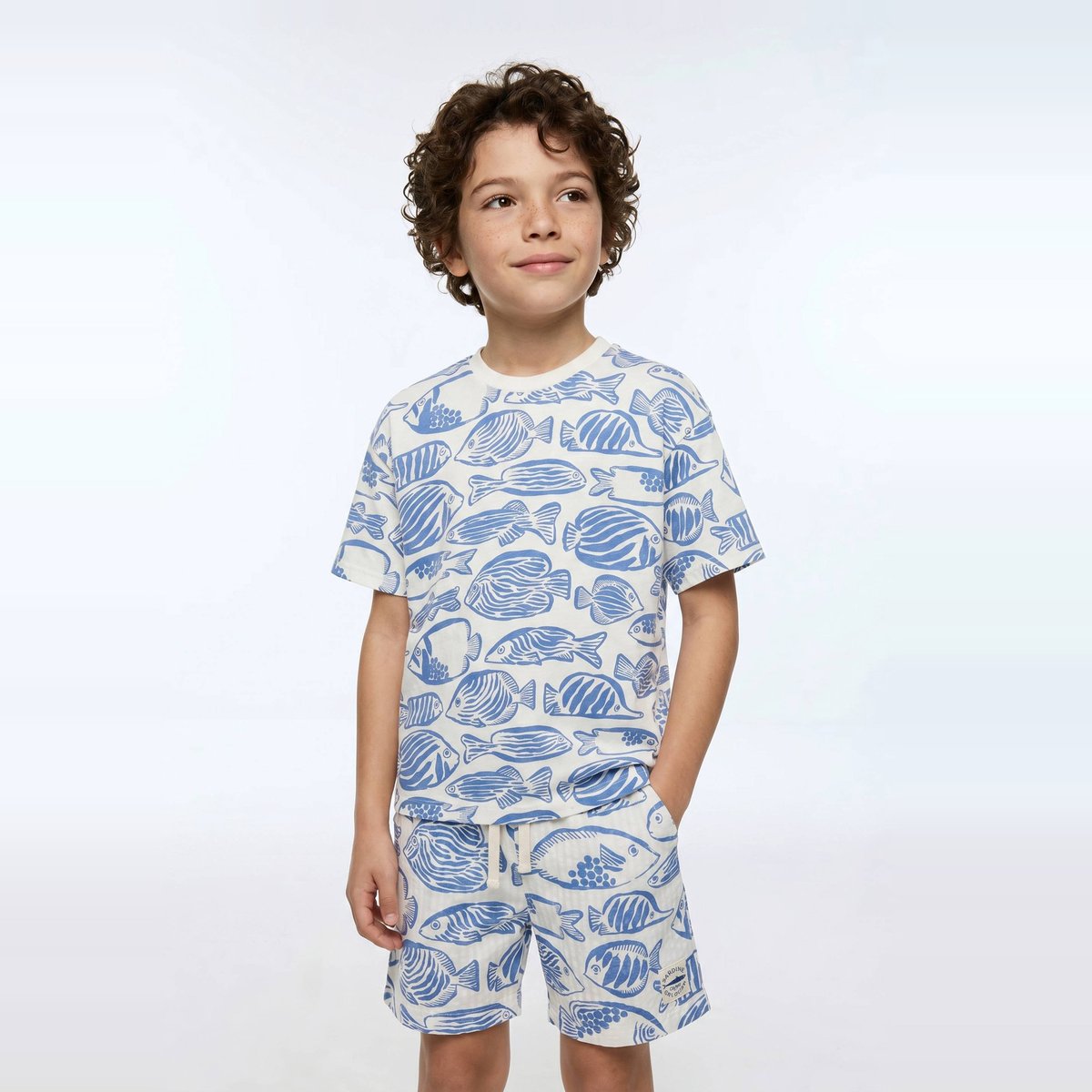 Short élastiqué en seersucker imprimé en coton riviera, MONOPRIX