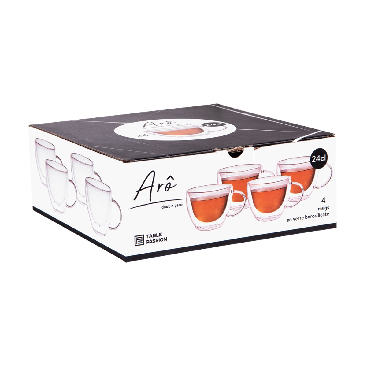 Set de 4 mugs de 24 cl Arô double paroi en verre borosilicate transparent / cristal, TABLE PASSION