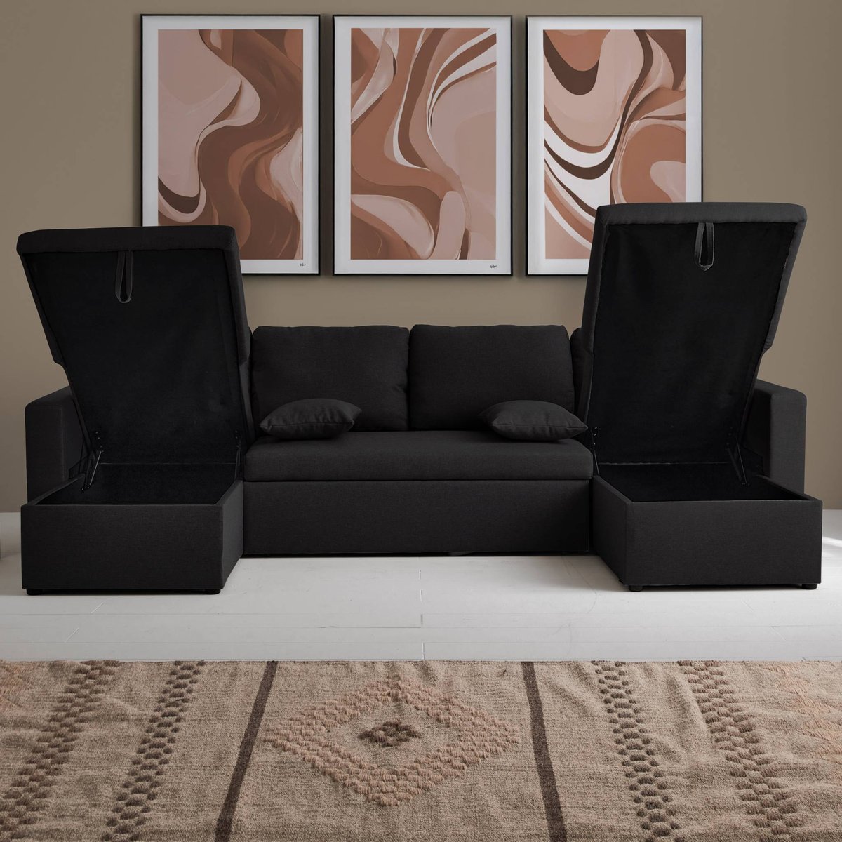 Canapé panoramique convertible 4 places tissu avec coffre URBAN gris foncé, SWEEEK