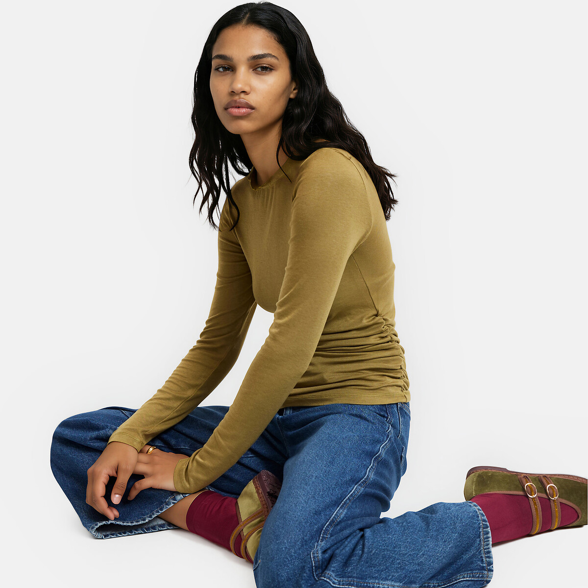 T-shirt froncé col rond manches longues vert kaki, LA REDOUTE COLLECTIONS