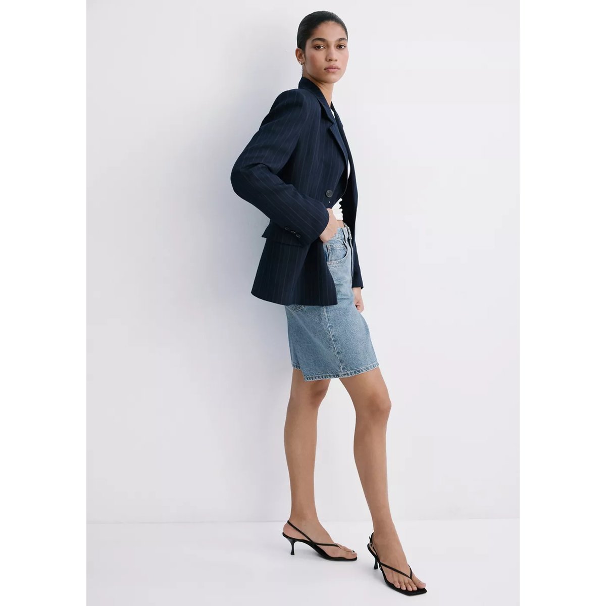 Bermuda en jean droit taille haute bleu moyen, MANGO
