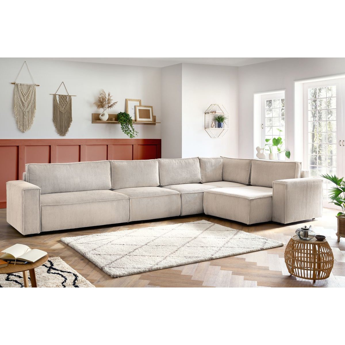 Canapé modulable 6 places en velours côtelé, NIHAD beige, BOBOCHIC