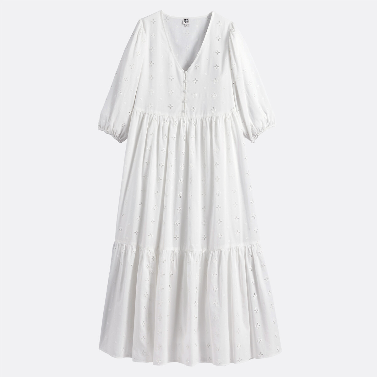 Robe longue en broderie anglaise col V blanc, LA REDOUTE COLLECTIONS