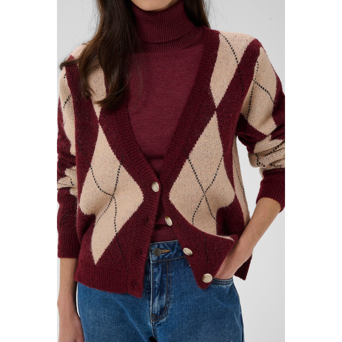 Cardigan à tricot rouge burgundy argyle, CULTURE
