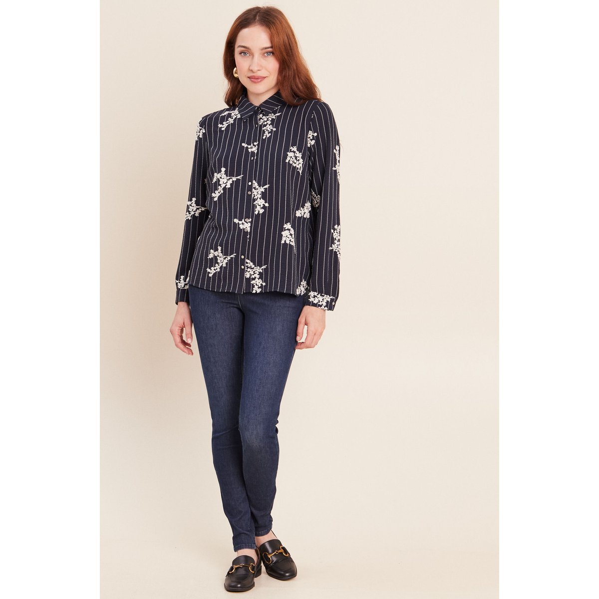 Chemisier droit manches longues fluide bleu marine, BREAL