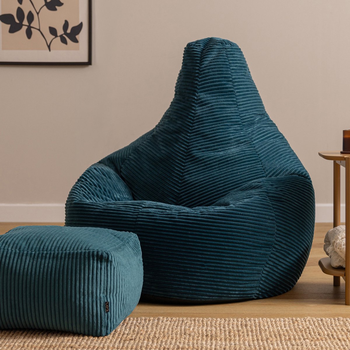 Pouf géant à dossier haut large XL avec repose-pied carré en velours côtelé Oeko-Tex® - DALTON bleu canard, ICON