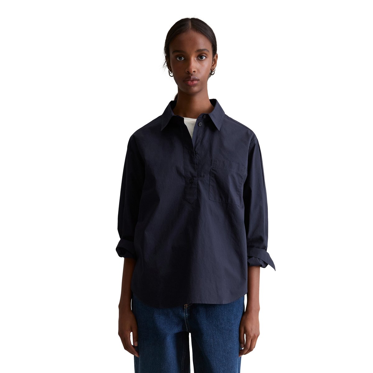 Blouse de style polo relaxed en popeline douce bleu fooncé, MARC O’POLO DENIM