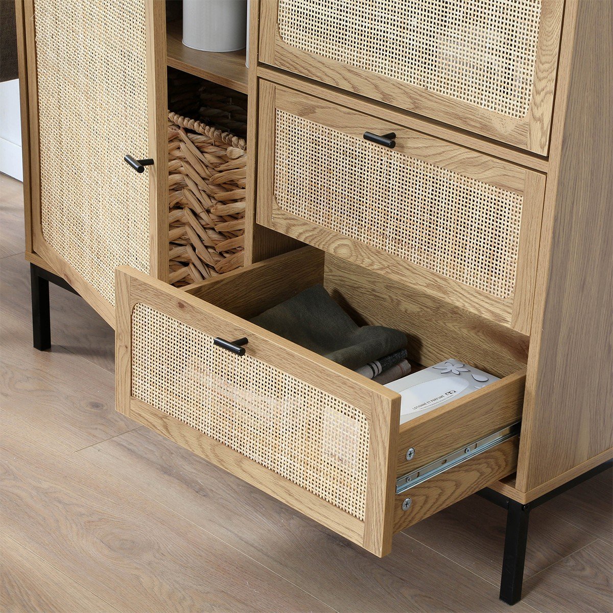 Buffet Haut avec Façades en Rotin Naturel - L100 x H120 cm - JAYA bois clair, CALICOSY
