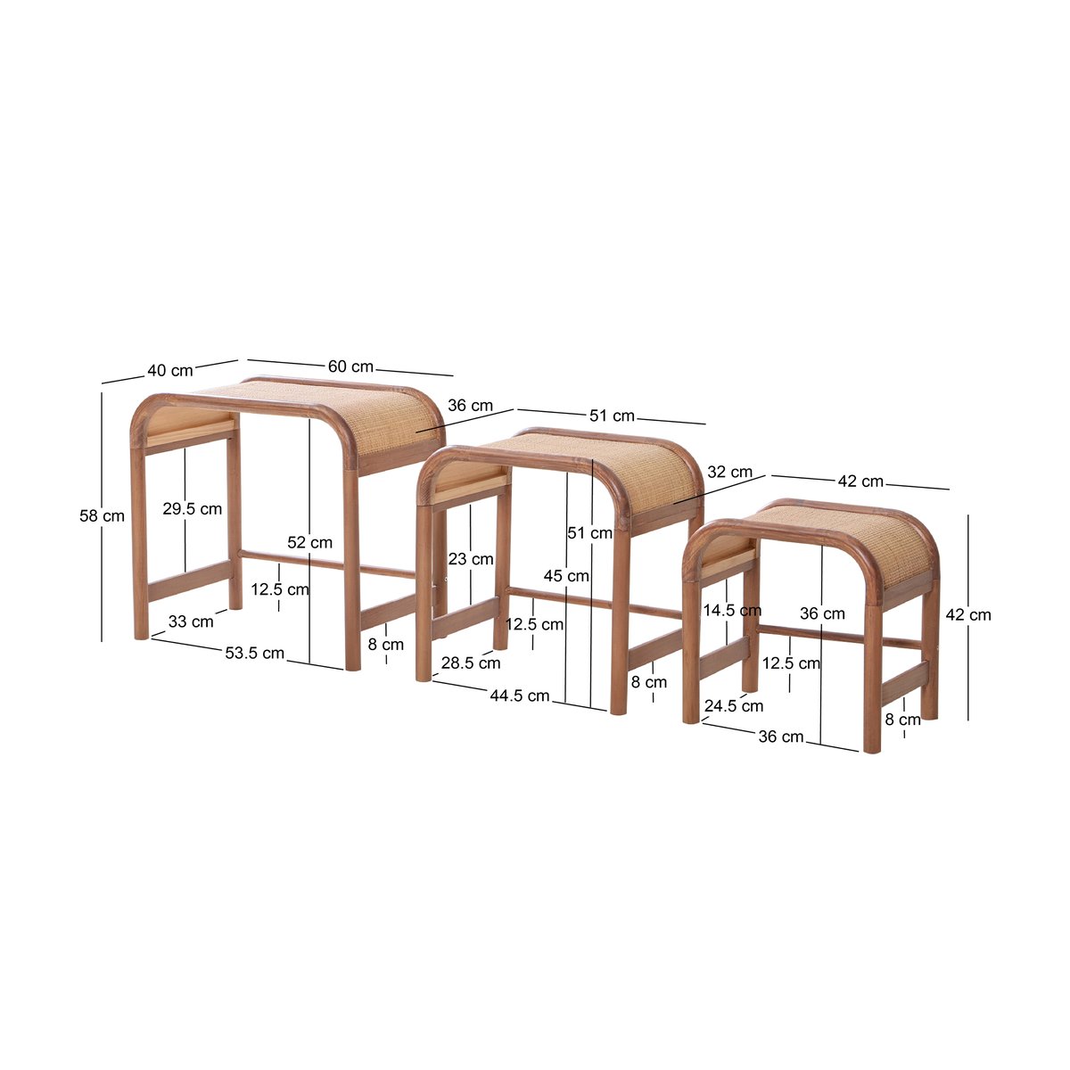 Set de 3 tables basses, bois et rotin, JOVIK coloris noyer, NORDLYS
