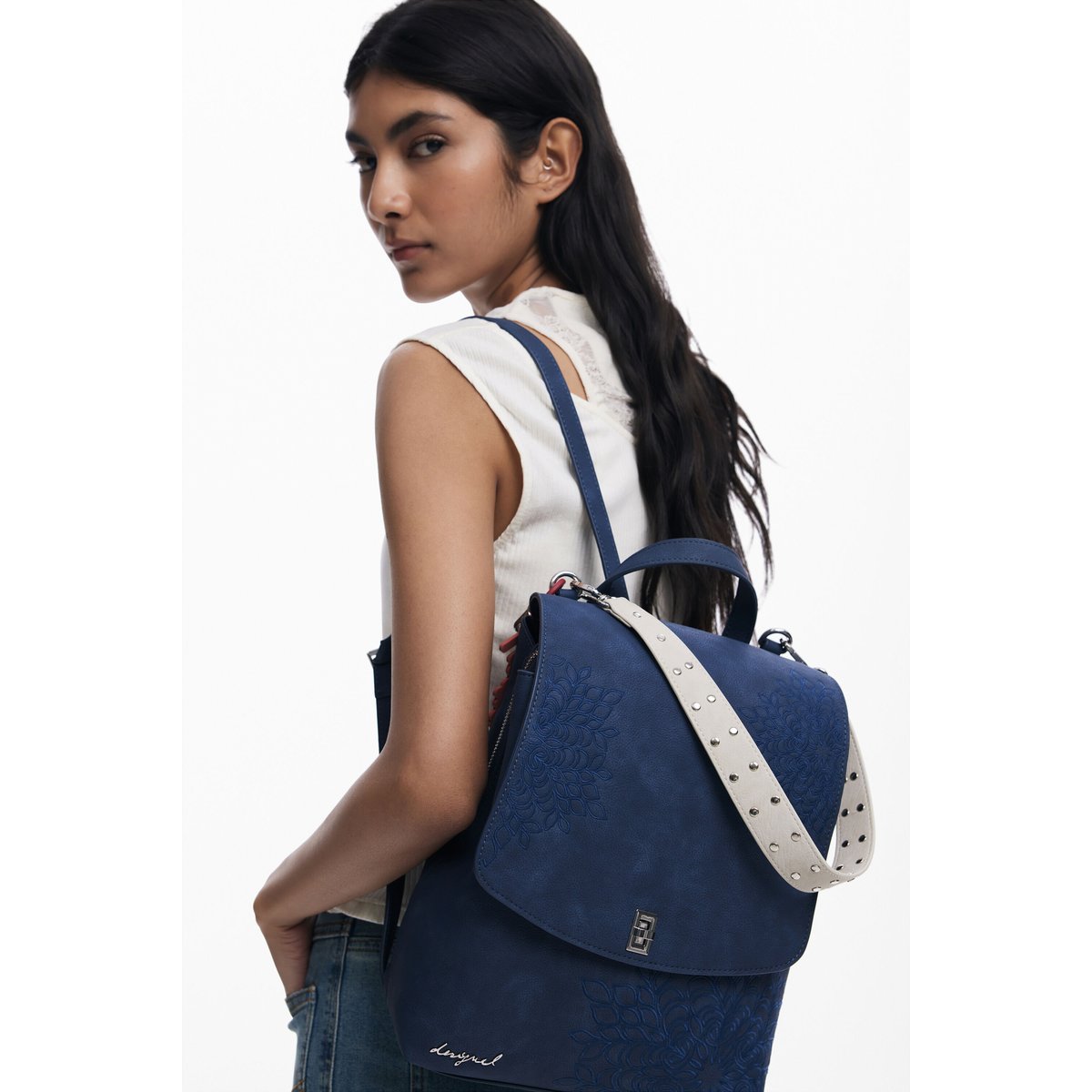 Petit sac à dos à rabat avec gravures bleu, DESIGUAL