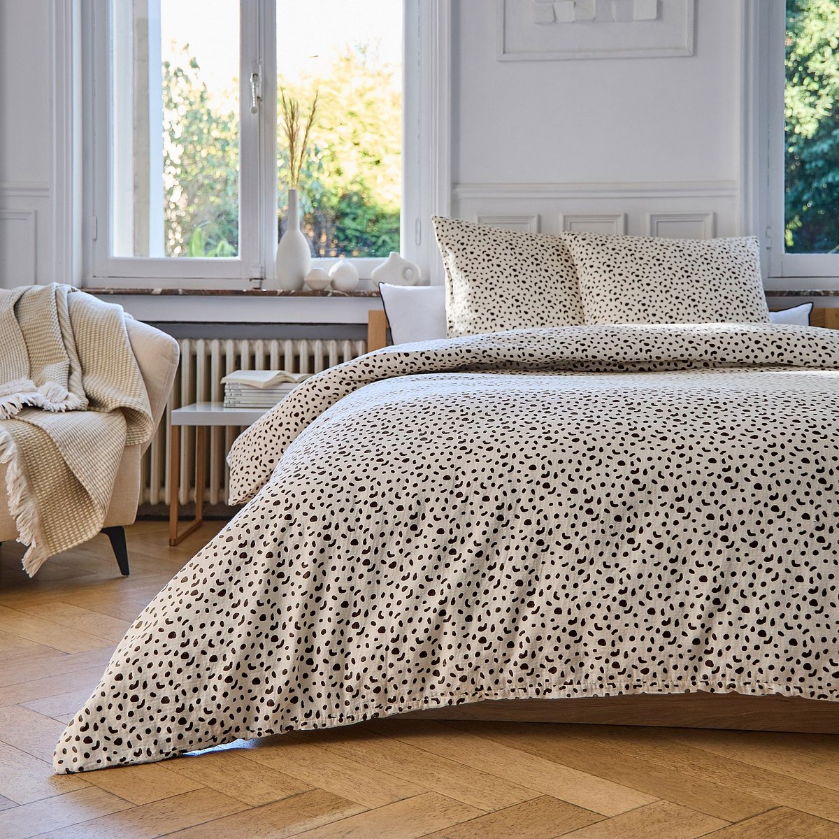 Parure de lit en double gaze de coton BRIAC marron, HABITAT