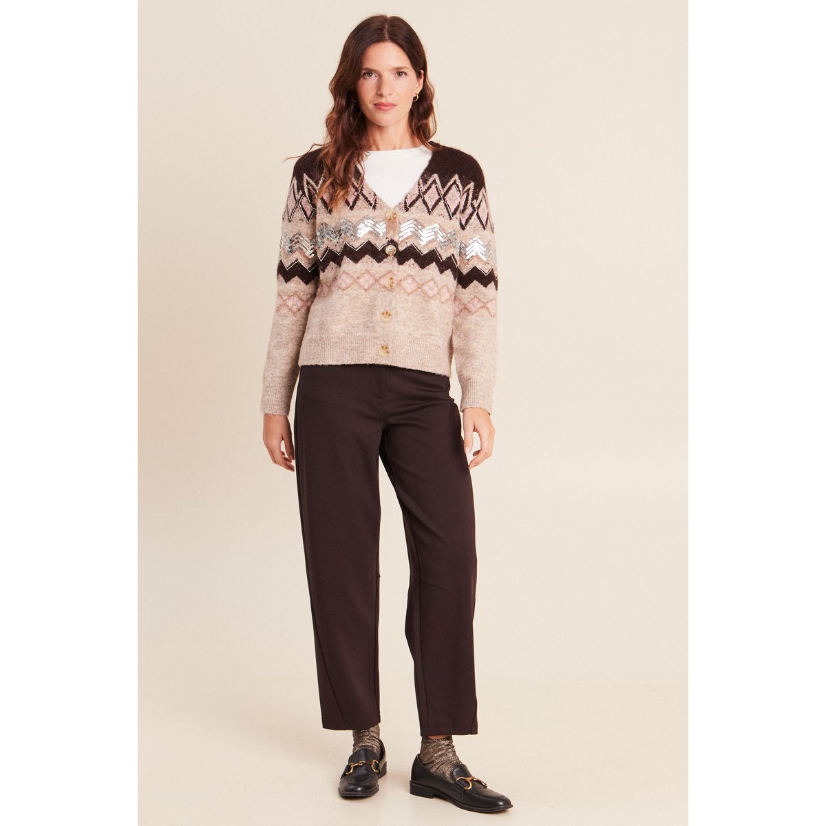 Cardigan jacquard col rond marron, BREAL