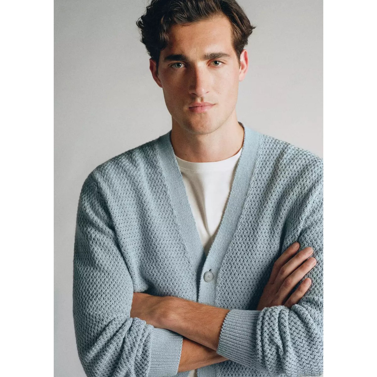 Cardigan 100 % coton filé Pinori Filati bleu ciel, MANGO MAN