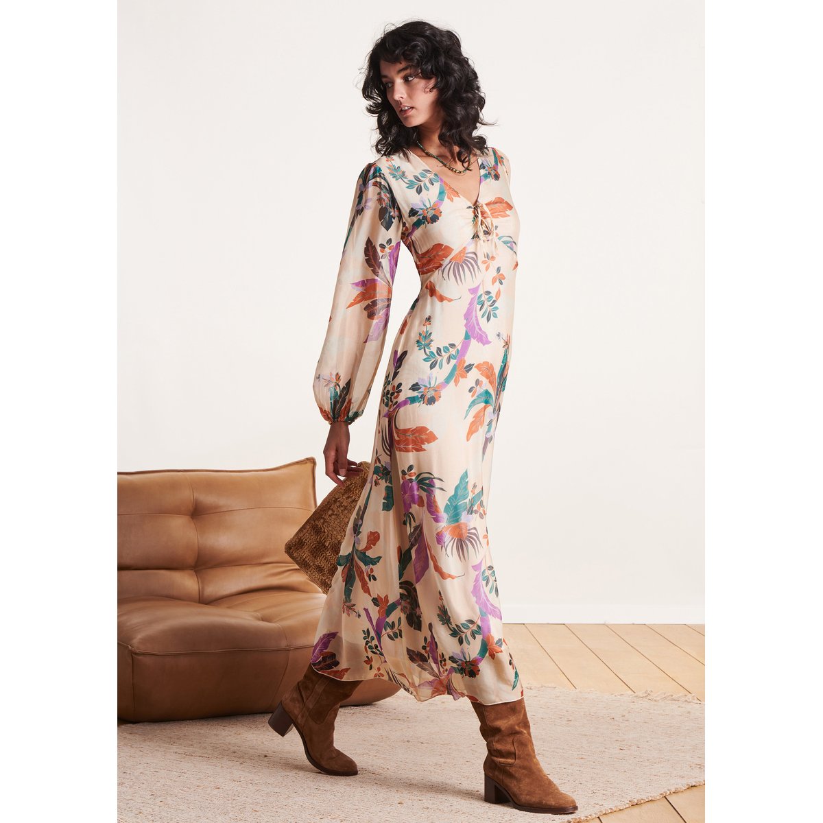 Robe longue en voile viscose/soie à imprimé blush, LA FEE MARABOUTEE