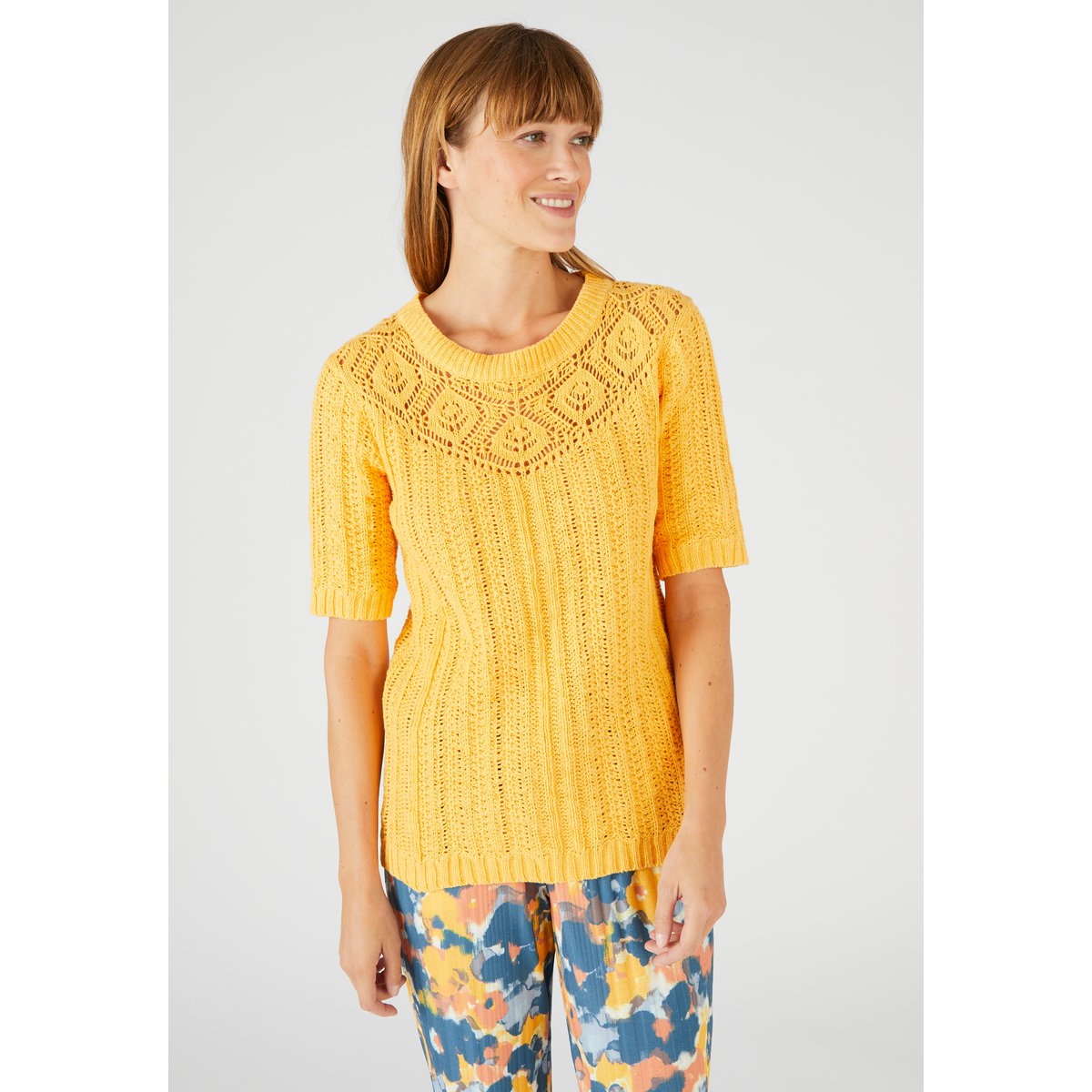 Pull effet crochet jaune orange, DAMART