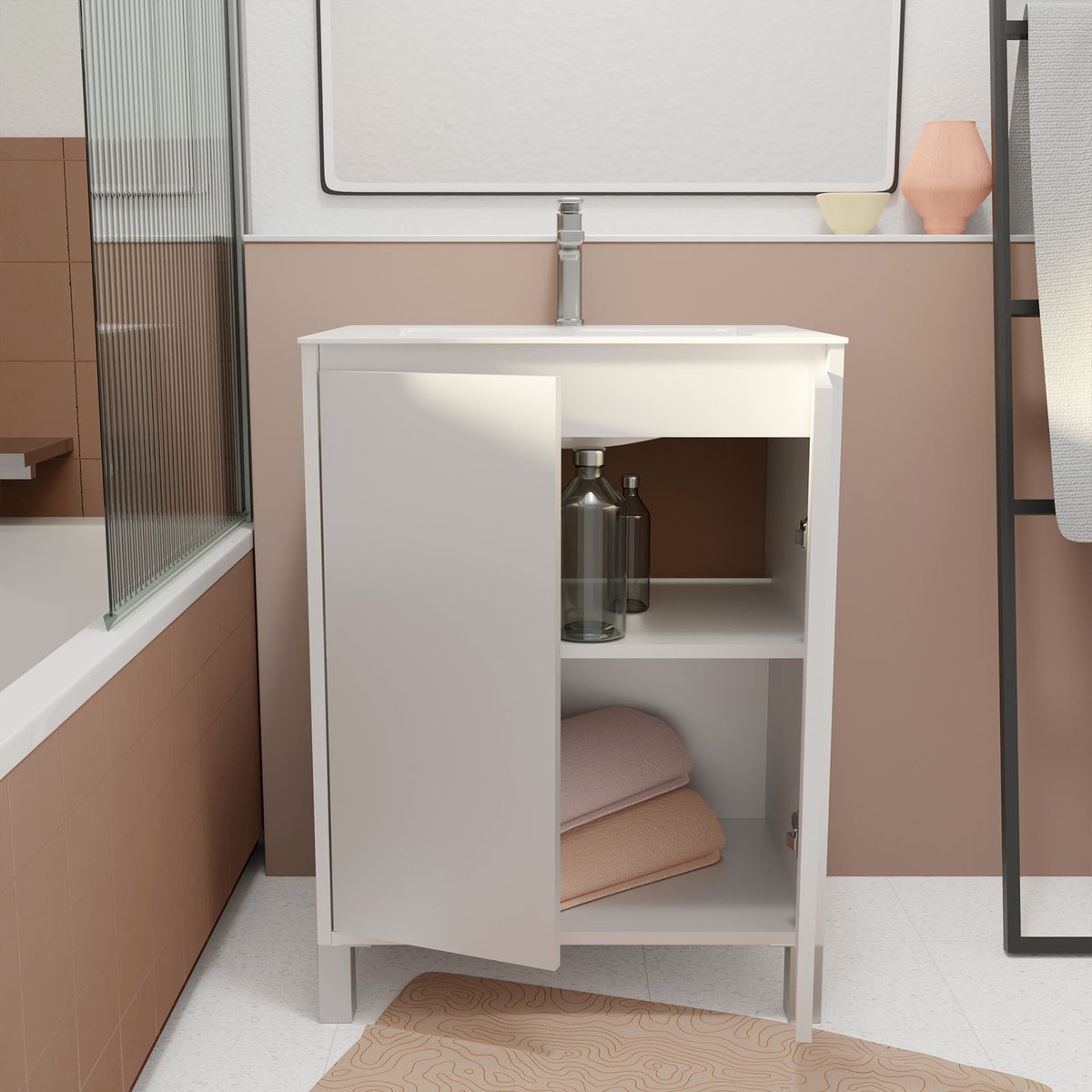 Meuble de salle de bains sur pieds avec 2 portes et vasque blanc, HOME MAISON