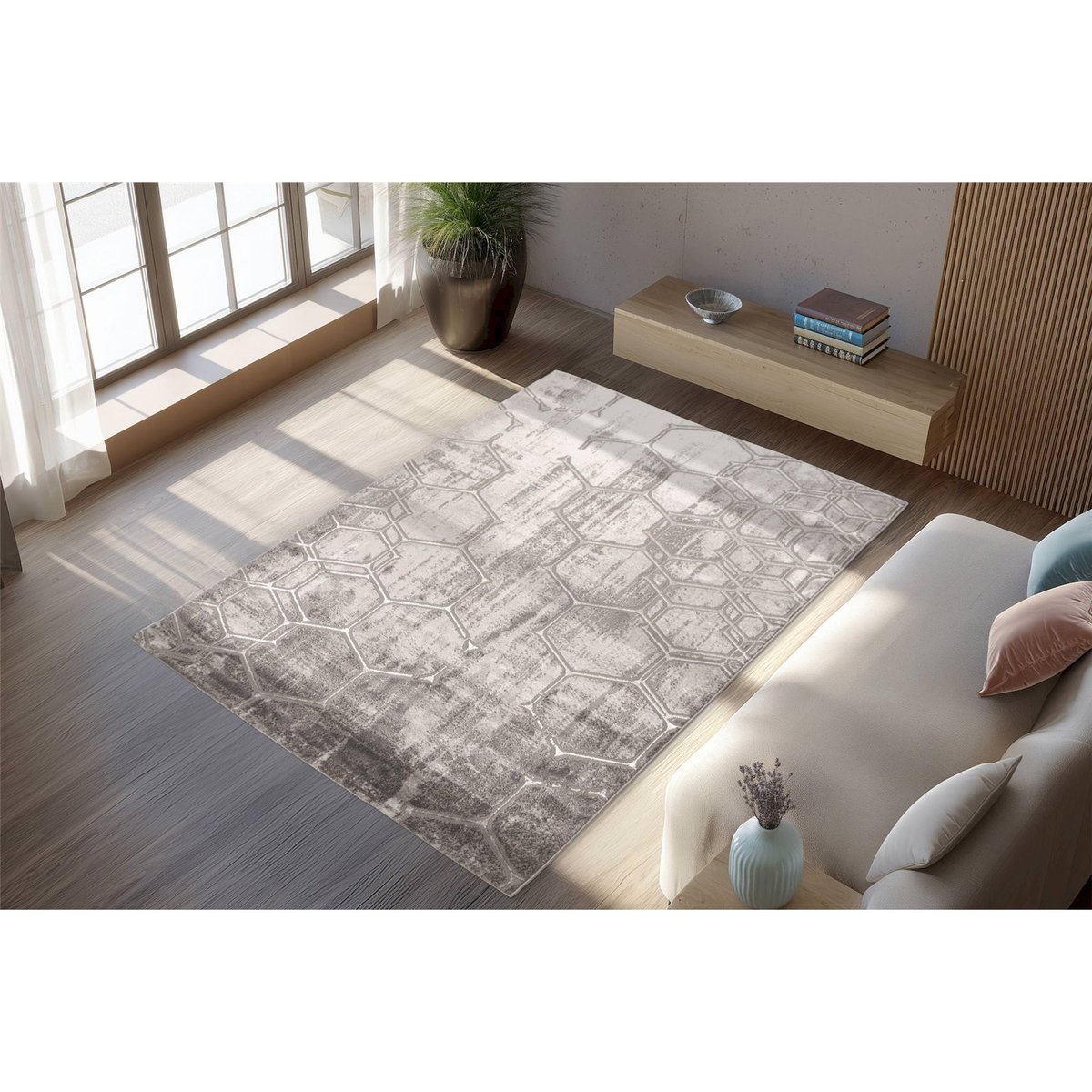 Tapis rectangulaire à motif géométrique gris argent clair et foncé, ARTE ESPINA