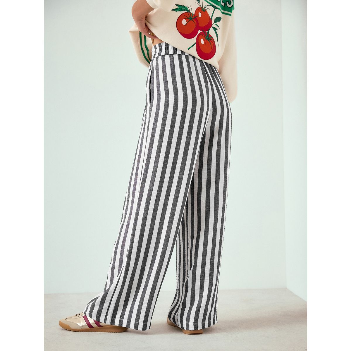 Pantalon large à enfiler en lin mélangé rayure gris/blanc, NEXT