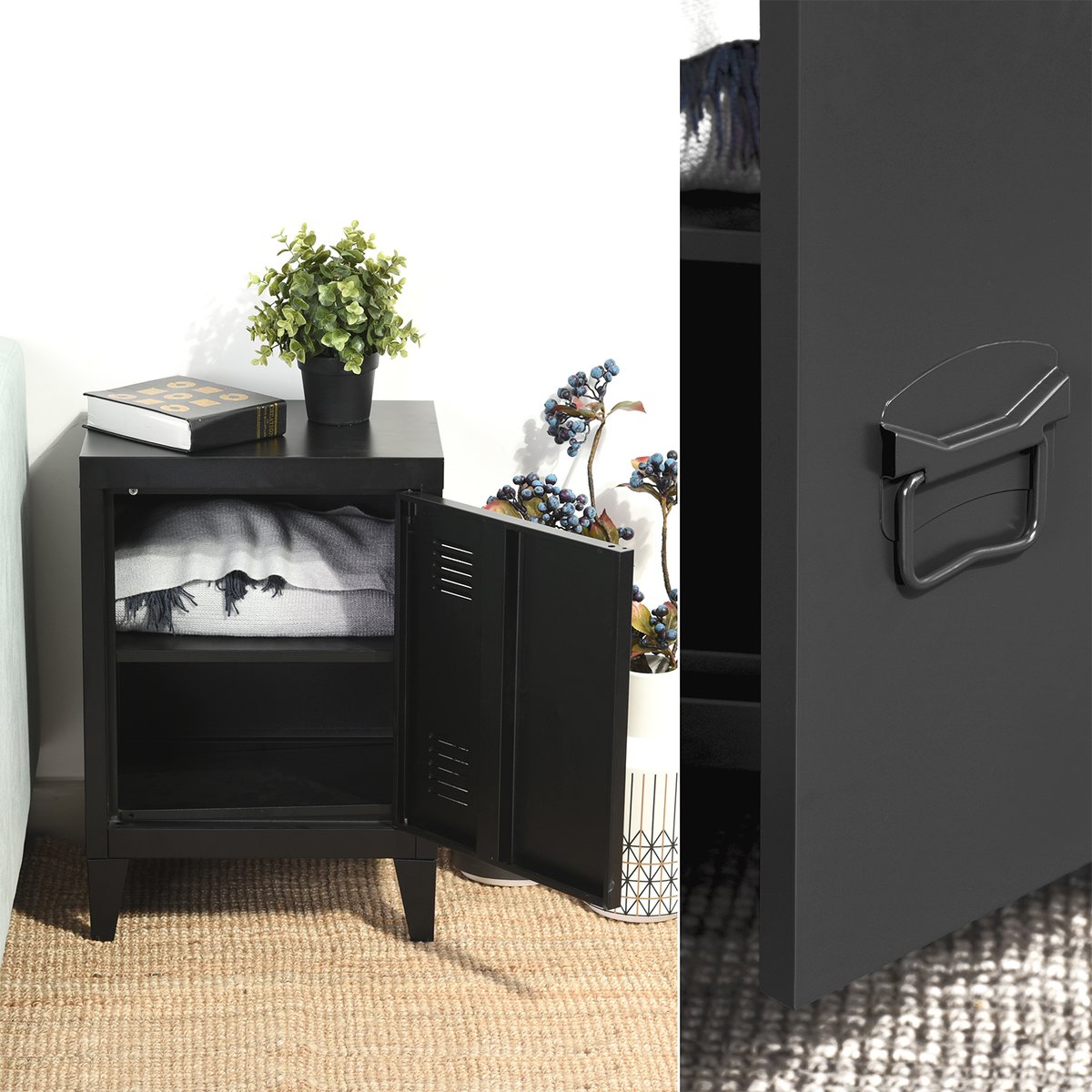 Armoire de rangement en métal 1 porte 1 étagère style industriel, GRAVES noir, MEUBLES COSY