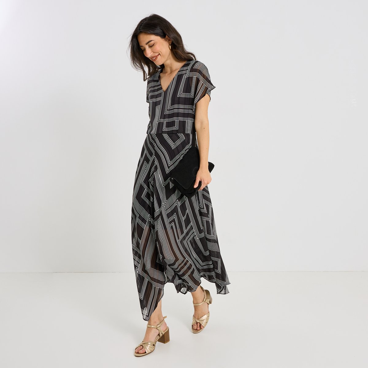 Robe longue habillée imprimé géométrique noir, GRAIN DE MALICE