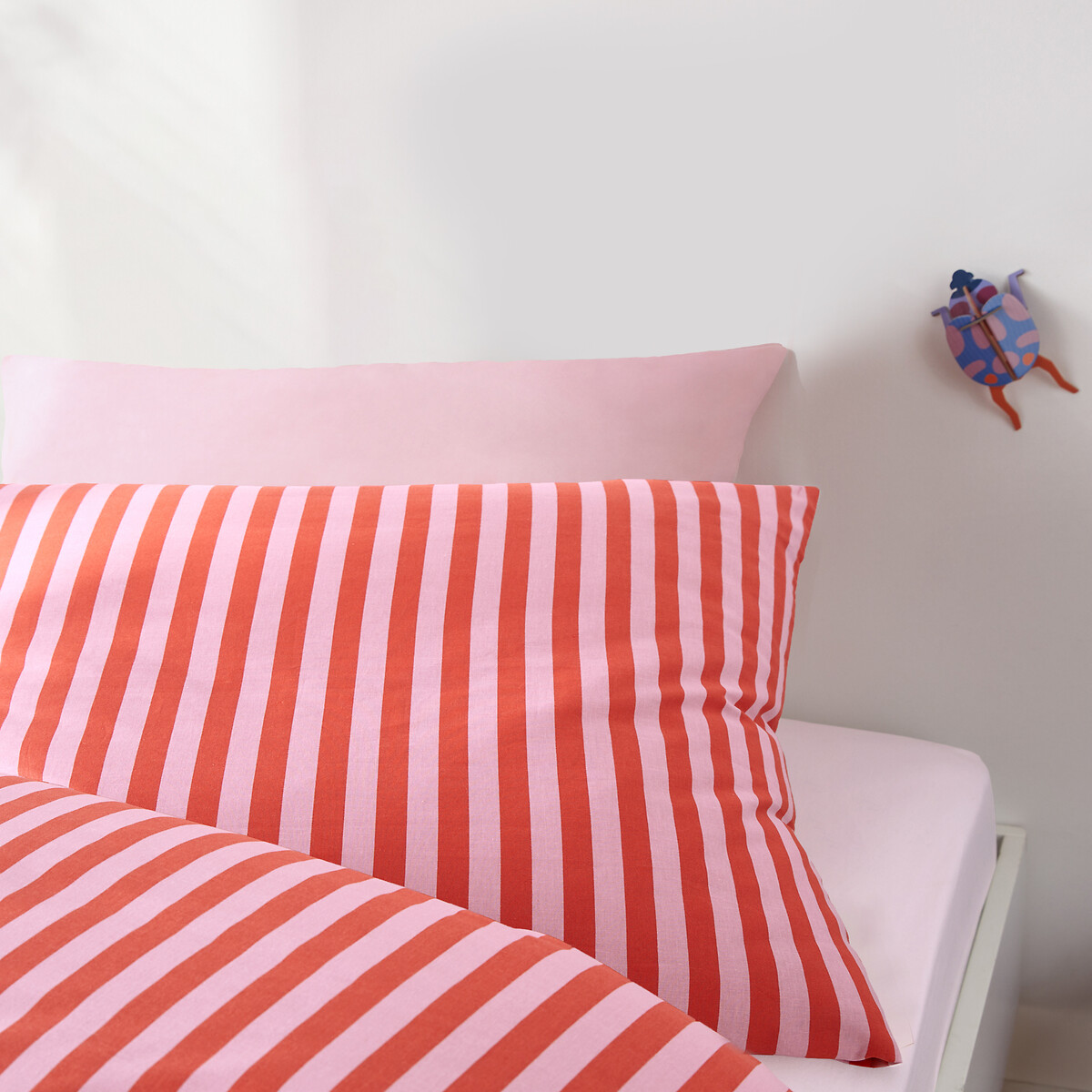 Parure de lit enfant, en 50% coton recyclé, taie rectangulaire, SACHA ROSE rayé rose, LA REDOUTE INTERIEURS