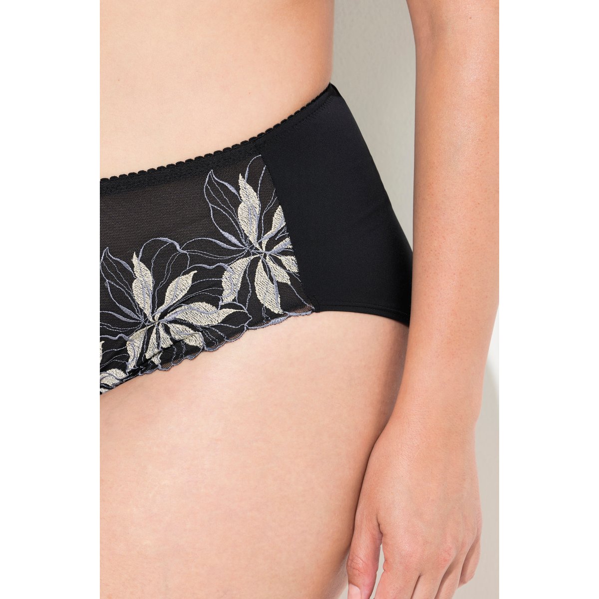 Culotte midi, broderie florale, microfibre noir, ULLA POPKEN